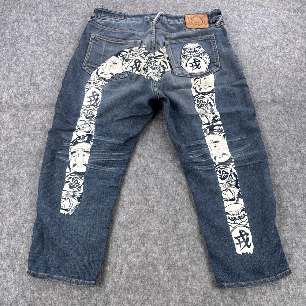 Evisu Jeans Mens 34x22 Custom Painted Daruma Tiger Graphic Denim Japan